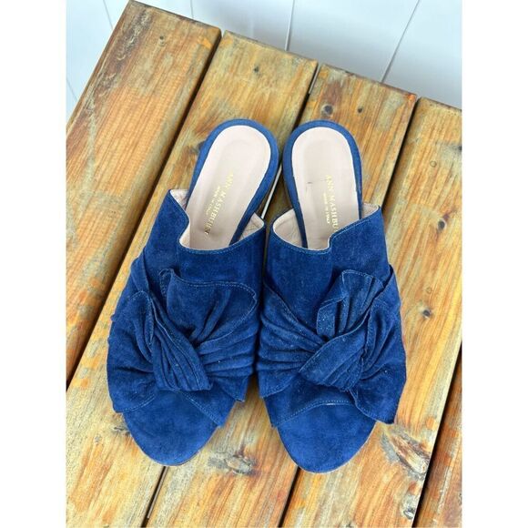 Ann Mashburn Blue Bow Suede Slide Sandals Peep Toe Career Size 39 (8.5-9) - Picture 1 of 6
